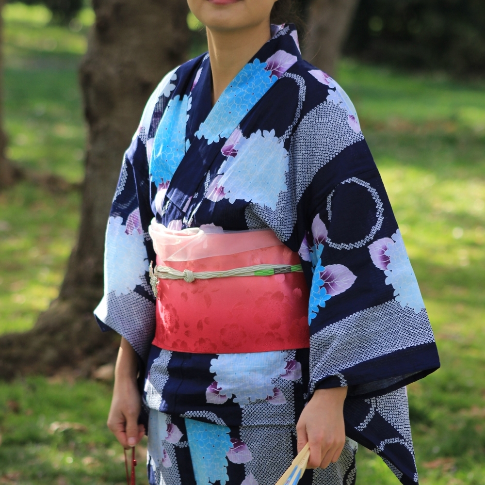 Navy blue hydrangea with vertical strip yukata( summer kimono) with obi set
